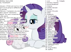 Size: 600x436 | Tagged: safe, derpibooru import, rarity, sweetie belle, pony, unicorn, friendship is magic, bandage, birthday game, duo, exploitable meme, lidded eyes, looking at each other, meme, mouth hold, my little pony, prone, rarityfan87, simple background, smiling, text, white background
