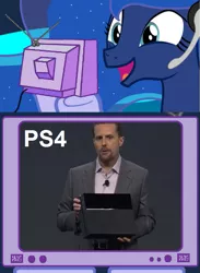 Size: 563x769 | Tagged: derpibooru import, e3, exploitable meme, gamer luna, meme, obligatory pony, playstation 4, princess luna, safe, tv meme