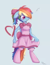 Size: 850x1100 | Tagged: anthro, artist:alasou, blushing, bow, clothes, derpibooru import, dress, floppy ears, ponytail, rainbow dash, rainbow dash always dresses in style, safe, solo, stockings, thigh highs