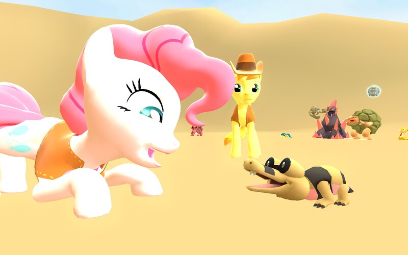 Size: 1680x1050 | Tagged: 3d, artist:pinkie diane roosevelt phd, braeburn, cyndaquil, derpibooru import, geodude, gigalith, gmod, golem, krookodile, nintendo, pinkie pie, pokémon, safe, sandile, scraggy