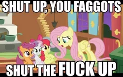 Size: 600x375 | Tagged: apple bloom, caption, cutie mark crusaders, derpibooru import, flutterbitch, flutterrage, fluttershy, image macro, reaction image, safe, scootaloo, slur, stfu, sweetie belle, text, vulgar