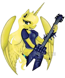 Size: 1347x1612 | Tagged: alicorn, alicorn oc, anthro, anthro oc, artist:nekomellow, derpibooru import, guitar, horn, musical instrument, oc, oc:ticket, rocker, safe, simple background, solo, transparent background, unofficial characters only, wings