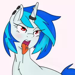 Size: 500x500 | Tagged: suggestive, artist:reiduran, derpibooru import, vinyl scratch, pony, unicorn, bedroom eyes, chest fluff, colored, drool, ear piercing, earring, female, horn, horn ring, jewelry, lidded eyes, mare, open mouth, piercing, ring, simple background, solo, solo female, tongue out, tongue piercing, white background