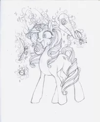 Size: 1280x1559 | Tagged: safe, artist:fillyphalanx, derpibooru import, rarity, pony, unicorn, dressmaking, fabric, female, glowing horn, horn, lineart, magic, mare, monochrome, pencil drawing, scissors, sewing, simple background, solo, telekinesis, traditional art, white background