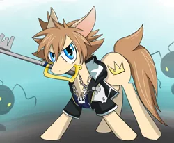 Size: 1024x844 | Tagged: safe, artist:celestial-voyager, derpibooru import, ponified, pony, heartless, keyblade, kingdom hearts, mouth hold, sora