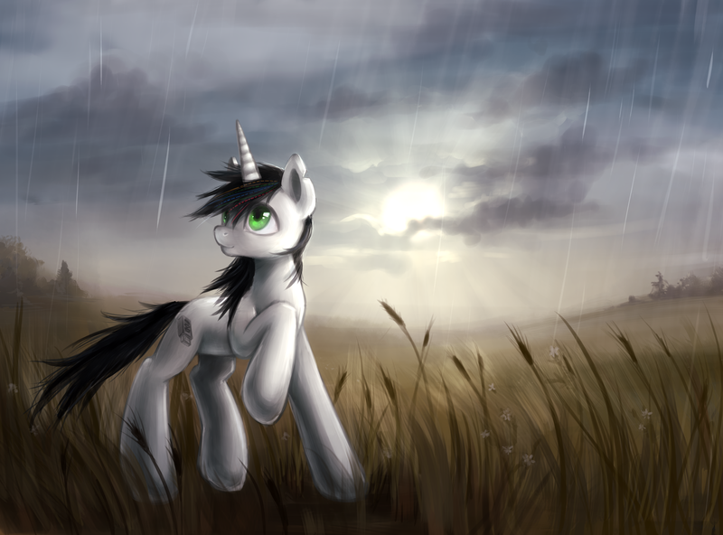 Size: 3405x2520 | Tagged: artist:nyarmarr, derpibooru import, field, oc, rain, safe, solo, unofficial characters only