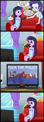 Size: 713x1981 | Tagged: safe, artist:madmax, derpibooru import, edit, rarity, twilight sparkle, equestria girls, 60s spider-man, comic, exploitable meme, fuck the police, meme, obligatory pony, spider-man, tv meme, vulgar, what's wrong with this place