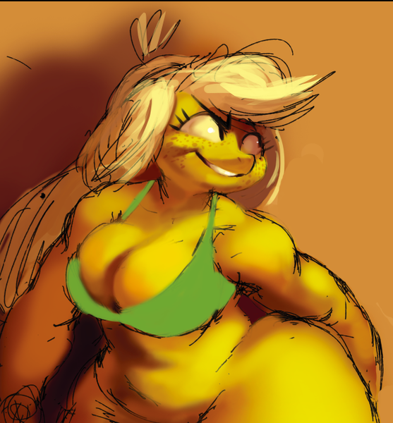 Size: 582x627 | Tagged: anthro, applebucking thighs, applejack, artist:shemhamferosh, breasts, busty applejack, butt, cleavage, derpibooru import, female, hips, huge butt, impossibly large butt, impossibly wide hips, large butt, questionable, solo, solo female, what is going on with these hips, wide hips