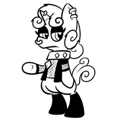 Size: 500x500 | Tagged: safe, artist:pembroke, derpibooru import, sweetie belle, pony, bipedal, black and white, choker, ear piercing, grayscale, horn, horn piercing, lidded eyes, meanie belle, meaniebelle, monochrome, nose piercing, piercing, simple background, solo, white background