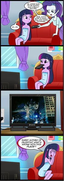 Size: 715x2002 | Tagged: safe, artist:madmax, derpibooru import, edit, twilight sparkle, equestria girls, comic, exploitable meme, godzilla (tristar), godzilla 1998, meme, obligatory pony, remote, tv meme, what's wrong with this place