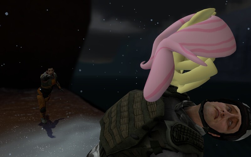 Size: 1680x1050 | Tagged: 3d, artist:pinkie diane roosevelt phd, black mesa, derpibooru import, fastball special, fluttershy, gmod, gordon freeman, half-life, half-life: opposing force, h.e.c.u., safe, soldier, throwing