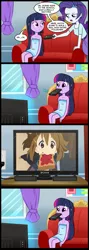 Size: 713x2000 | Tagged: safe, artist:madmax, derpibooru import, edit, rarity, twilight sparkle, equestria girls, anime, bread, comic, exploitable meme, food, hirasawa yui, k-on, meme, mouth hold, obligatory pony, remote, schoolgirl toast, toast, tv meme, what's wrong with this place