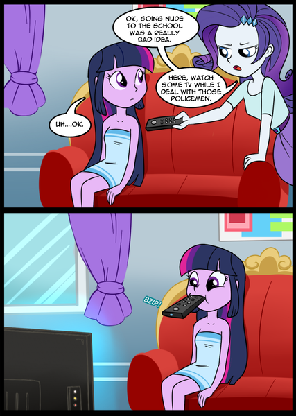 Size: 713x1001 | Tagged: safe, artist:madmax, derpibooru import, edit, rarity, twilight sparkle, equestria girls, comic, couch, cropped, mouth hold, remote, television, towel, what's wrong with this place