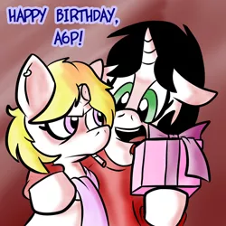 Size: 1024x1024 | Tagged: safe, artist:pembroke, derpibooru import, oc, oc:gene, oc:ink blot, unofficial characters only, cigarette, happy birthday, present