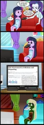 Size: 712x2000 | Tagged: safe, artist:madmax, derpibooru import, edit, rarity, twilight sparkle, equestria girls, comic, exploitable meme, food, horse meat, meat, meme, mouth hold, obligatory pony, paradox, pony (sony), television, towel, tv meme, what's wrong with this place