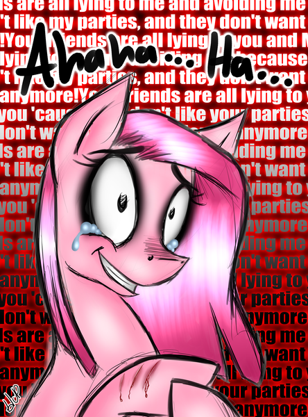 Size: 2184x2952 | Tagged: artist:blup-chan, crying, cutting, derpibooru import, dialogue, grimdark, insanity, pinkamena diane pie, pinkie pie, sad, self harm, solo