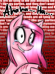 Size: 2184x2952 | Tagged: artist:blup-chan, crying, cutting, derpibooru import, dialogue, grimdark, insanity, pinkamena diane pie, pinkie pie, sad, self harm, solo