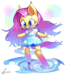 Size: 2790x3210 | Tagged: safe, artist:jggjqm522, derpibooru import, fluttershy, pony, bipedal, clothes, dress, puddle, solo