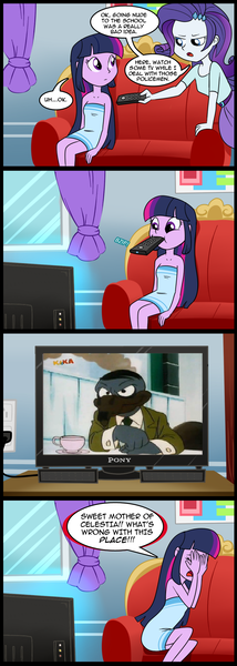 Size: 713x2000 | Tagged: safe, artist:madmax, derpibooru import, edit, rarity, twilight sparkle, bird, crow, equestria girls, adolf hitler, alfred j. kwak, comic, dolf, exploitable meme, kra, meme, obligatory pony, remote, tv meme, what's wrong with this place