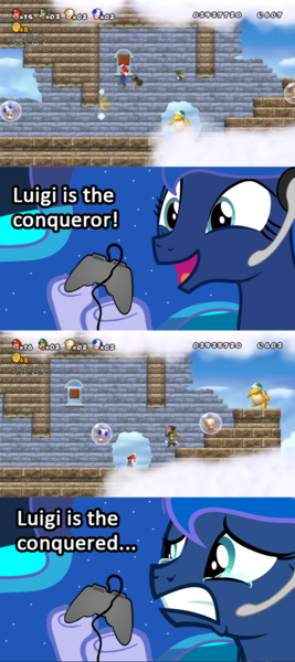 Size: 563x1266 | Tagged: blue toad, bubble, derpibooru import, exploitable meme, gamer luna, gamer meme, luigi, mario, meme, new super mario bros. wii, obligatory pony, princess luna, safe, sledge bros, super mario bros., the freelance astronauts, toad (mario bros), tv meme, yellow toad