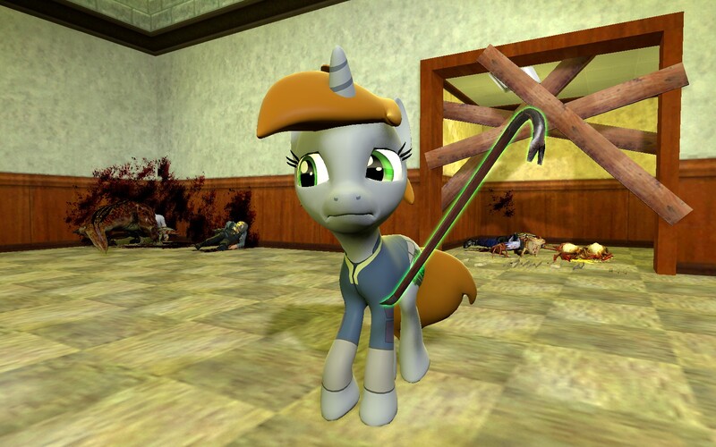 Size: 1680x1050 | Tagged: semi-grimdark, artist:pinkie diane roosevelt phd, derpibooru import, oc, oc:littlepip, unofficial characters only, pony, unicorn, fallout equestria, fanfic, 3d, black mesa, bullsquid, clothes, crowbar, fanfic art, feeding, female, gmod, half-life, headcrab, headcrab zombie, hooves, horn, levitation, magic, mare, scientist, security officer, solo, telekinesis, vault suit