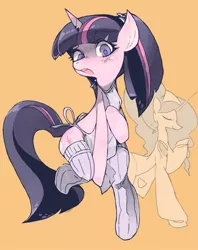 Size: 711x900 | Tagged: suggestive, artist:moyamoya kuroi, derpibooru import, princess celestia, twilight sparkle, pony, alternate hairstyle, apron, bipedal, blushing, clothes, covering, ponytail, socks, striped socks