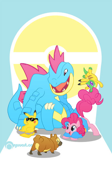 Size: 522x800 | Tagged: artist:alienfirst, bidoof, crossover, derpibooru import, feraligatr, gummy, pikachu, pinkie pie, playtime, pokémon, safe, sunglasses