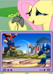 Size: 347x478 | Tagged: derpibooru import, exploitable meme, fluttershy, gamershy, mario, megaman, meme, nintendo, obligatory pony, safe, super mario bros., super smash bros., super smash bros. 4, tv meme, wii u