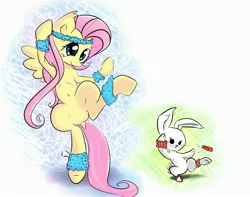 Size: 3800x3000 | Tagged: safe, artist:carligercarl, derpibooru import, angel bunny, fluttershy, pony, rabbit, animal, belly button, bipedal, featureless crotch, sweat, sweatband, workout