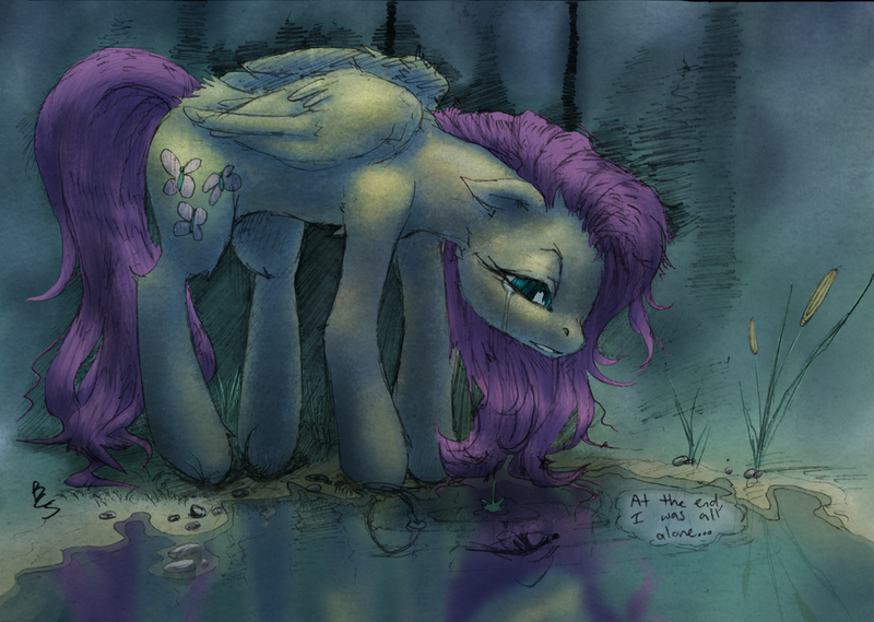 Size: 1280x911 | Tagged: semi-grimdark, artist:buttercupsaiyan, artist:chromaskunk, derpibooru import, fluttershy, pegasus, pony, alone, crying, dialogue, feels, female, image, lake, lonely, mare, plant, png, reflection, sad, solo, water