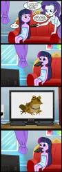 Size: 713x1981 | Tagged: safe, artist:madmax, derpibooru import, edit, rarity, twilight sparkle, toad, equestria girls, comic, exploitable meme, futurama, hypnotoad, meme, mouth hold, obligatory pony, remote, tv meme, what's wrong with this place