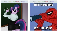 Size: 534x281 | Tagged: 60s spider-man, a+, adorasexy, alternate hairstyle, anthro, artist:pitchyy, ass, breasts, busty twilight sparkle, butt, chalkboard, clothes, crossover shipping, cute, derpibooru, derpibooru import, exploitable meme, female, grades, hair bun, juxtaposition, juxtaposition win, male, meme, meta, miniskirt, sexy, shipping, skirt, skirt lift, solo, solo female, spider-man, spider-man (series), spidertwi, straight, suggestive, teacher, thighs, twibutt, twilight sparkle