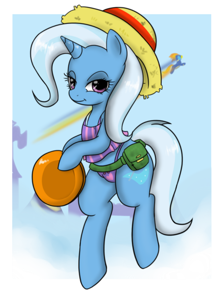 Size: 900x1200 | Tagged: safe, artist:pijinpyon, derpibooru import, spitfire, trixie, pony, bipedal, clothes, frisbee, hat, solo, swimsuit