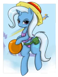 Size: 900x1200 | Tagged: safe, artist:pijinpyon, derpibooru import, spitfire, trixie, pony, bipedal, clothes, frisbee, hat, solo, swimsuit