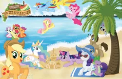 Size: 1600x1035 | Tagged: safe, artist:mintystitch, derpibooru import, apple bloom, applejack, babs seed, derpy hooves, doctor whooves, fluttershy, pinkie pie, princess celestia, rainbow dash, rarity, scootaloo, spike, spitfire, sweetie belle, time turner, twilight sparkle, twilight sparkle (alicorn), alicorn, pony, beach, beach blanket, cutie mark crusaders, female, floaty, hat, mane seven, mane six, mare, ocean, palm tree, sand castle, sandcastle, sunglasses, tree, wet, wet mane