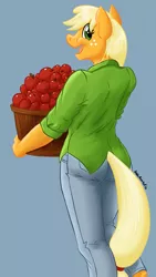 Size: 723x1280 | Tagged: anthro, apple, applejack, artist:hobbsmeerkat, derpibooru import, food, safe, simple background, solo