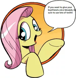 Size: 421x431 | Tagged: bad advice fluttershy, derpibooru import, edit, exploitable meme, female, fluttershy, idw, implied blowjob, implied oral, implied sex, meme, solo, solo female, suggestive, teeth