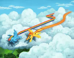 Size: 1008x792 | Tagged: artist:ladyviridis, cloud, cloudy, derpibooru import, flying, goggles, race, rainbow dash, safe, sky, spitfire