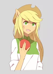 Size: 500x700 | Tagged: safe, artist:yow, derpibooru import, applejack, equestria girls, apple, food, obligatory apple, simple background, solo