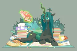 Size: 1200x800 | Tagged: artist:yow, book, changeling, derpibooru import, food, queen chrysalis, reading, safe