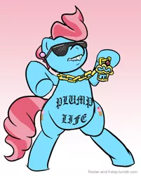 Size: 700x869 | Tagged: safe, artist:desert-sage, derpibooru import, cup cake, pony, 30 minute art challenge, bipedal, blackletter, bling, chubby, gangsta, jewelry, necklace, plump, solo, sunglasses