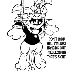 Size: 576x576 | Tagged: artist:pembroke, black and white, clothes, costume, derpibooru import, dialogue, floppy ears, grayscale, hanging, horn, horn piercing, lidded eyes, meanie belle, meowth, monochrome, nose piercing, open mouth, piercing, pokémon, rope, safe, simple background, solo, sweetie belle, white background