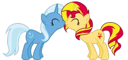 Size: 3200x1496 | Tagged: safe, artist:luuandherdraws, derpibooru import, sunset shimmer, trixie, pony, eyes closed, female, lesbian, nuzzling, shipping, simple background, suntrix, transparent background, vector