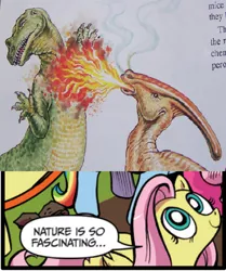 Size: 395x473 | Tagged: creationism, derpibooru import, dinosaur, dinosaurs by design, exploitable meme, fire, fire breath, fluttershy, idw, meme, nature is so fascinating, obligatory pony, parasaurolophus, retrosaur, safe, scientifically inaccurate, seems legit