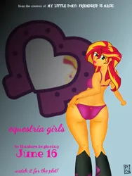 Size: 1200x1600 | Tagged: suggestive, artist:plotobsession, derpibooru import, sunset shimmer, equestria girls, equestria girls (movie), ass, bra, breasts, bunset shimmer, butt, clothes, cutie mark underwear, female, hips, looking at you, looking back, looking back at you, mirror, panties, poster, purple underwear, sexy, solo, thick, underwear, wide hips