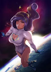 Size: 848x1200 | Tagged: artist:quizzicalkisses, boob window, breasts, busty princess cadance, cleavage, clothes, derpibooru import, earth, female, flying, gloves, human, humanized, power girl, princess cadance, safe, sexy, solo, space, stupid sexy princess cadance, superhero