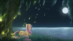 Size: 1920x1080 | Tagged: artist:seyllah, derpibooru import, firefly (insect), fluttershy, glow, insect, moon, night, prone, safe, solo, wallpaper, water