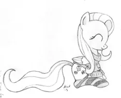 Size: 1024x822 | Tagged: artist:hushnowquietnow, clothes, derpibooru import, fluttershy, monochrome, safe, sketch, socks, solo, striped socks, sweater, sweatershy, traditional art