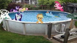 Size: 1920x1080 | Tagged: safe, artist:mr-kennedy92, derpibooru import, applejack, fluttershy, pinkie pie, rainbow dash, rarity, twilight sparkle, pony, irl, mane six, photo, ponies in real life, swimming, swimming pool, water, wet, wet mane, wet mane rarity