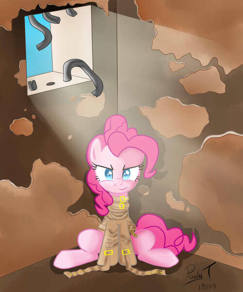 Size: 2000x2400 | Tagged: artist:paulyt7, bondage, derpibooru import, jail, pinkie pie, prison, safe, solo, straitjacket